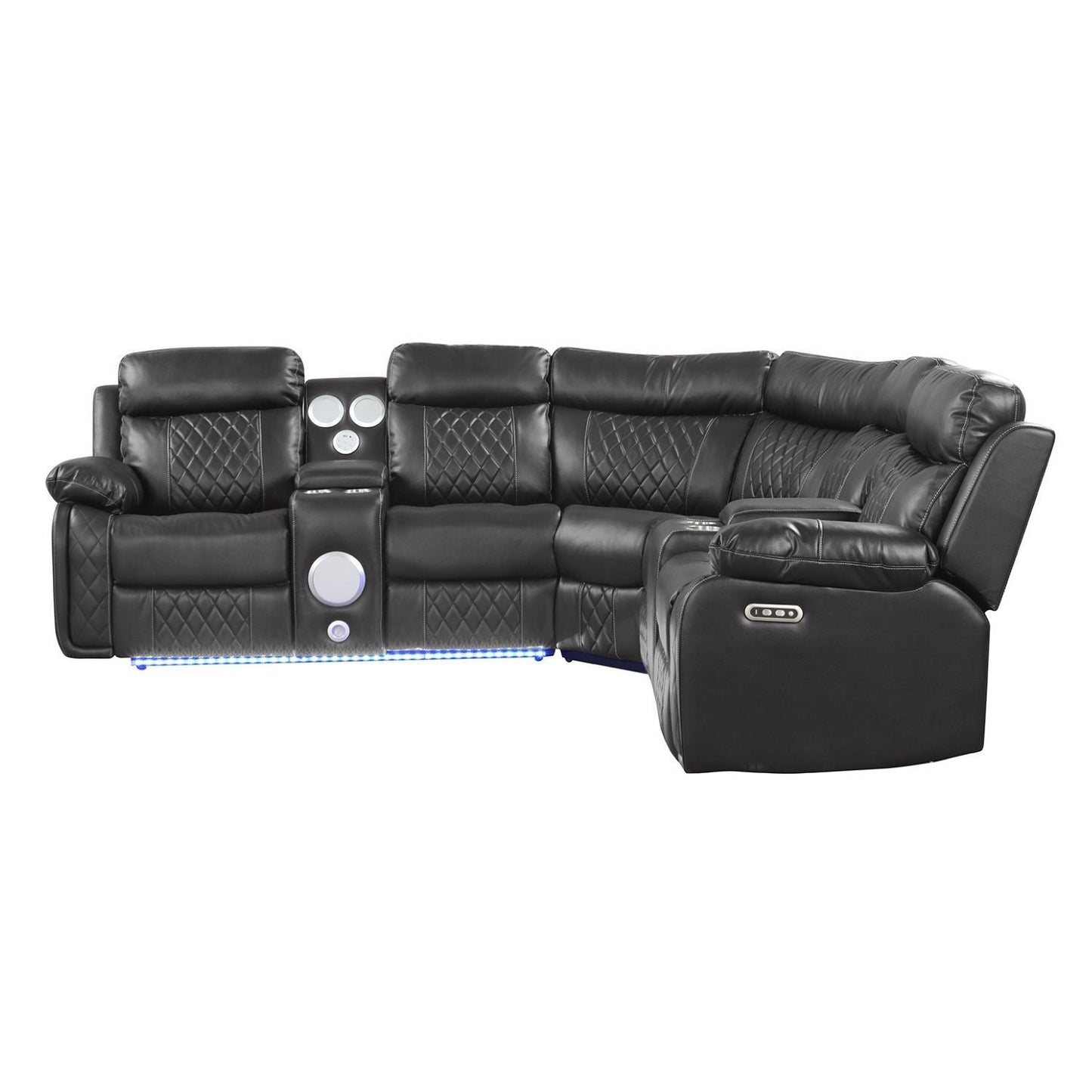 Lacrosse power reclining sectional sofa in black leather with diamond quilting cushions on Tampa Home & Garden Store