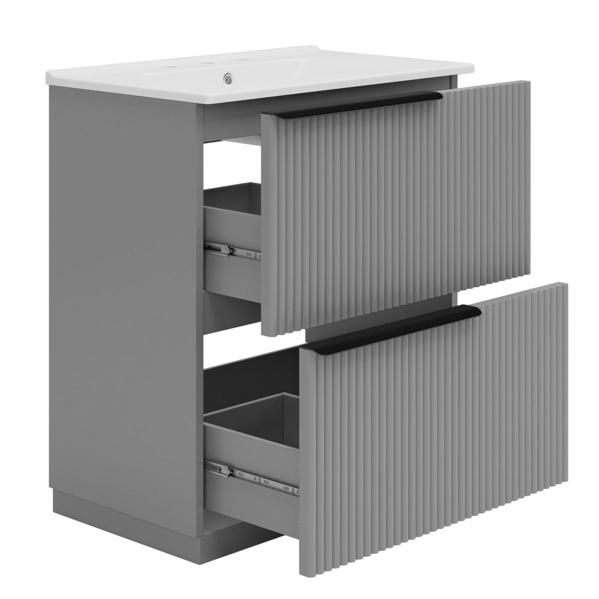 Fluted bathroom vanity with ceramic sink, grey cabinet and white top, vertical fluted panel on Tampa Home & Garden Store