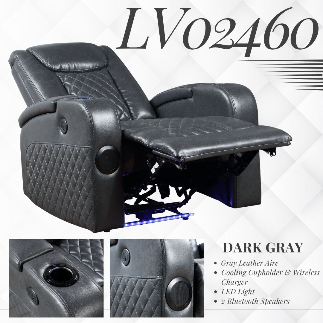Alair Leather Aire Power Motion Recliner dark gray with footrest Bluetooth wireless charger on Tampa Home & Garden Store