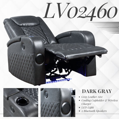 Alair Leather Aire Power Motion Recliner dark gray with footrest Bluetooth wireless charger on Tampa Home & Garden Store