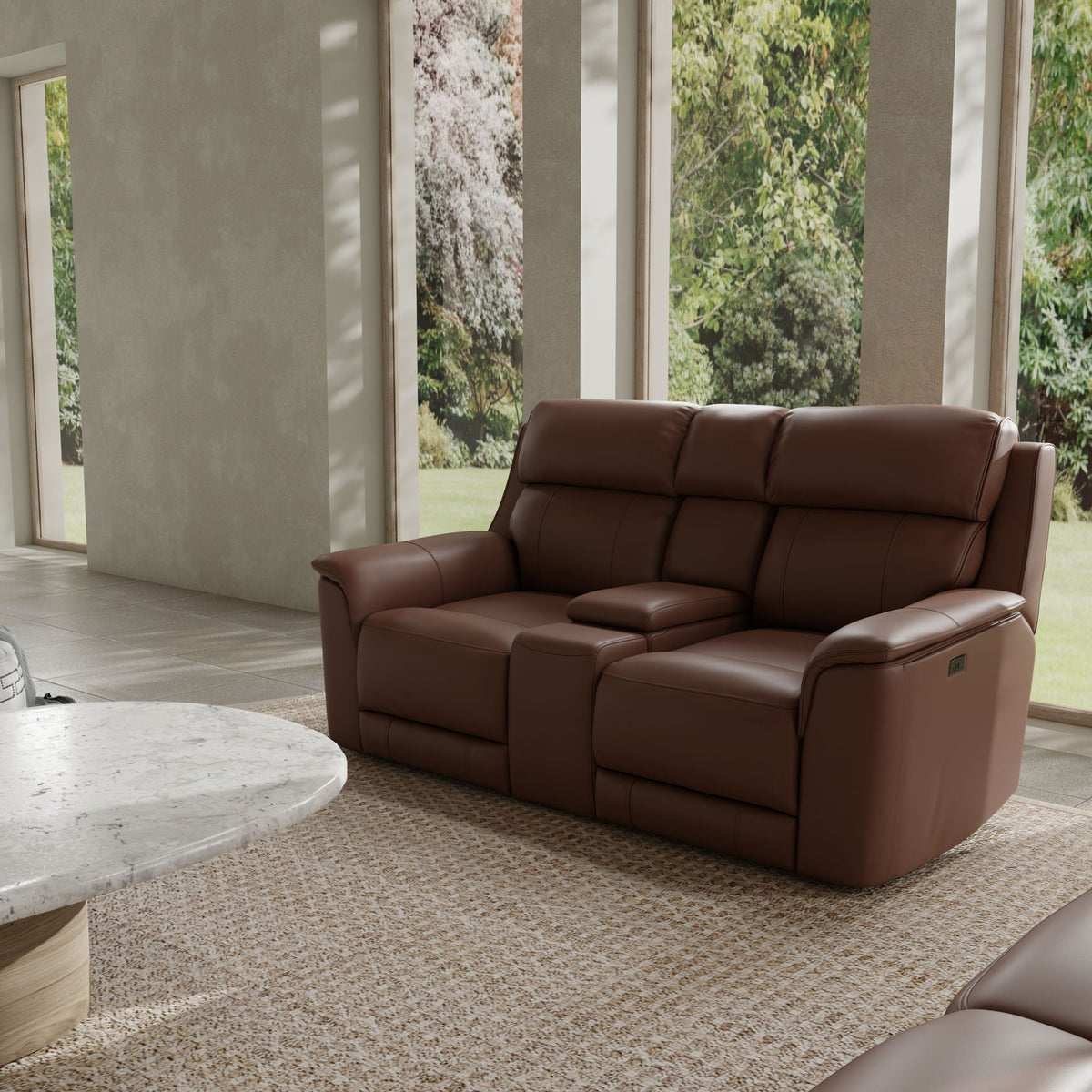Dual power reclining loveseat with center console in brown leather by HouseOfZazla on Tampa Home & Garden Store