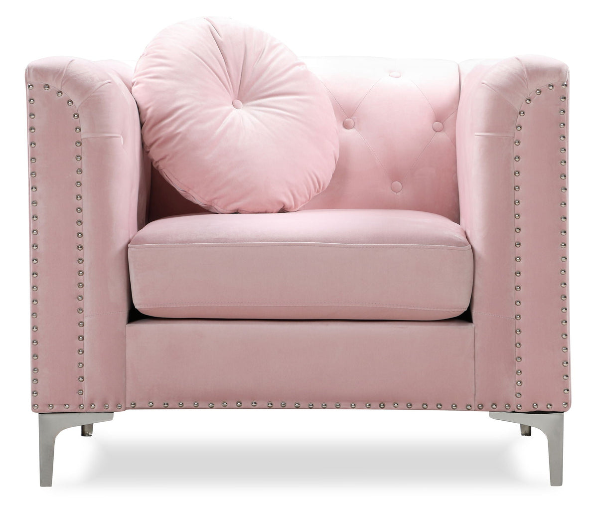 Contemporary sloped-arm chair in pink micro suede with studded trim by HouseOfZazla on Tampa Home & Garden Store