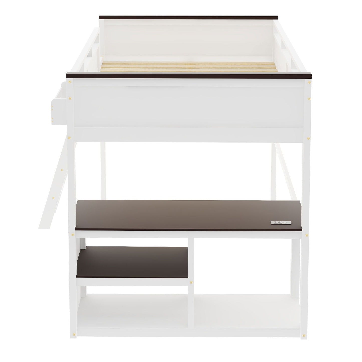 Queen size loft bed with desk, open shelf and USB charging in white with dark brown accents on Tampa Home & Garden Store
