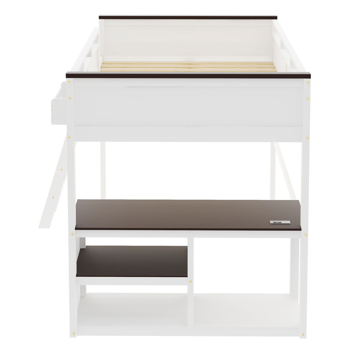 Queen size loft bed with desk, open shelf and USB charging in white with dark brown accents on Tampa Home & Garden Store