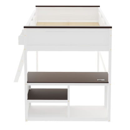 Queen size loft bed with desk, open shelf and USB charging in white with dark brown accents on Tampa Home & Garden Store