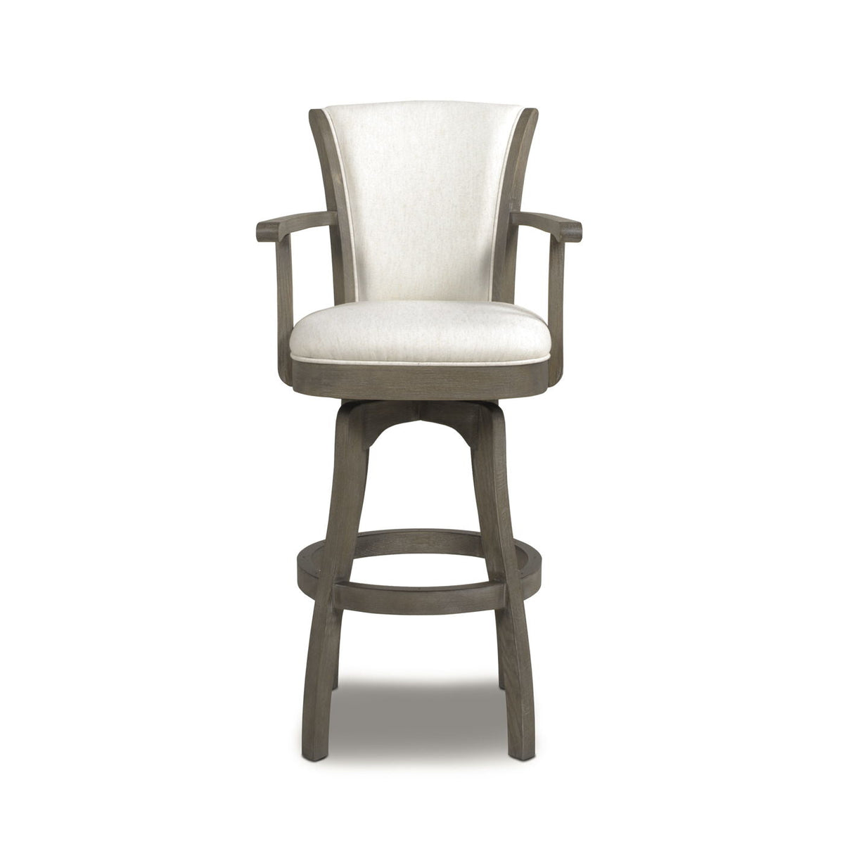 Williams Swivel Bar Stool with Armrests gray-brown solid hardwood frame beige upholstery HouseOfZazla on Tampa Home & Garden Store
