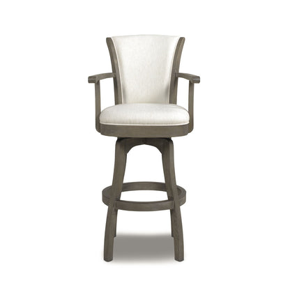 Williams Swivel Bar Stool with Armrests gray-brown solid hardwood frame beige upholstery HouseOfZazla on Tampa Home & Garden Store