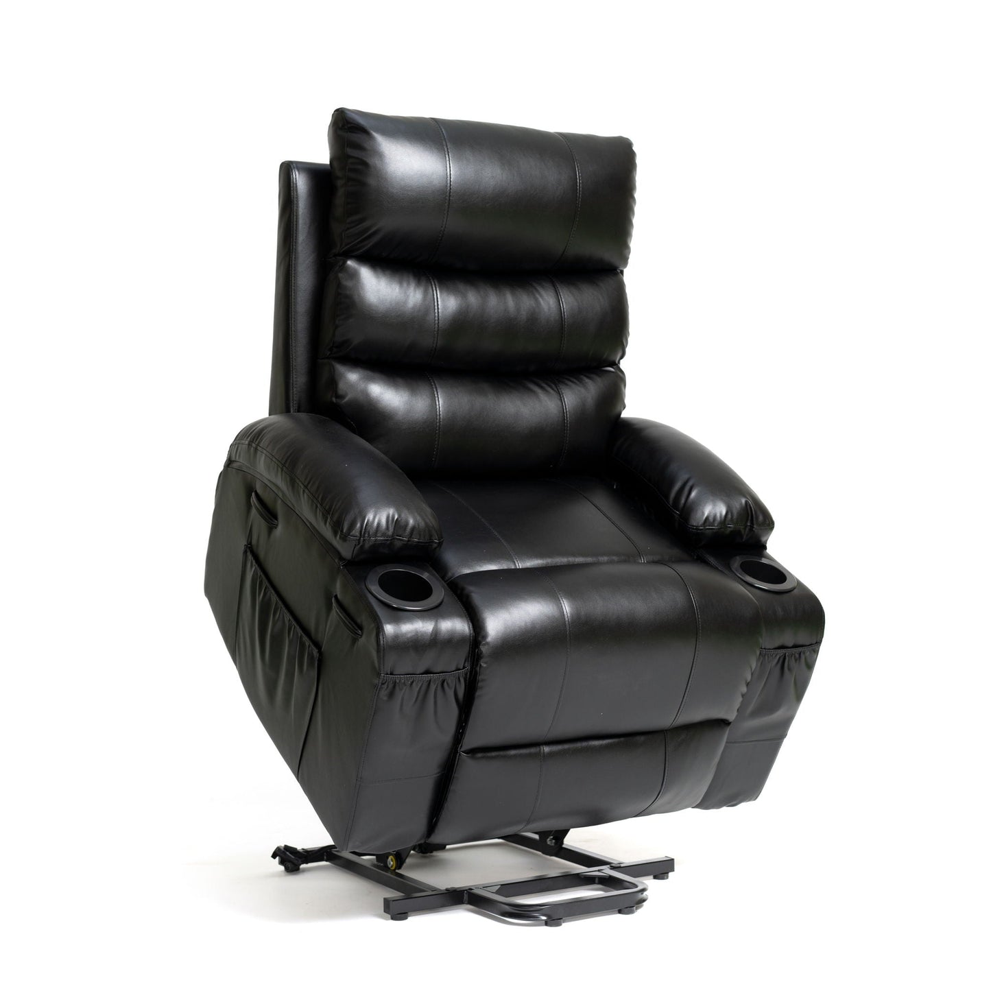 Large black leather electric lift recliner with massage and heat by HouseOfZazla, cup holders on Tampa Home & Garden Store