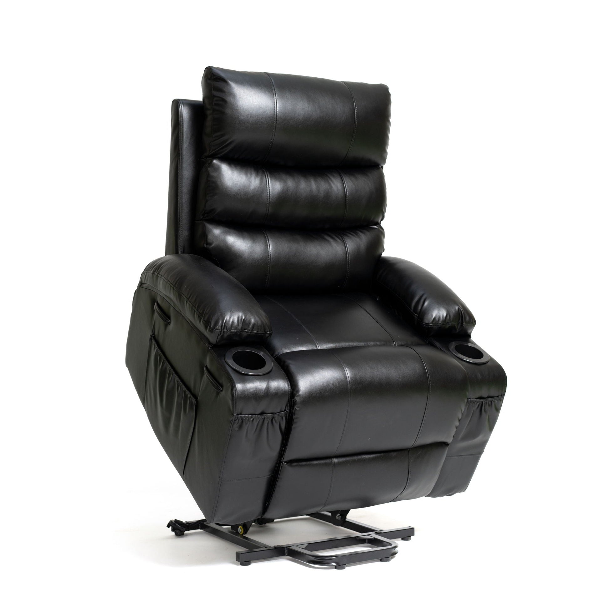 Large black leather electric lift recliner with massage and heat by HouseOfZazla, cup holders on Tampa Home & Garden Store