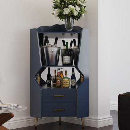 Corner Bar Cabinet with Mirrored Back by HouseOfZazla, navy wood, wine storage, gold legs on Tampa Home & Garden Store