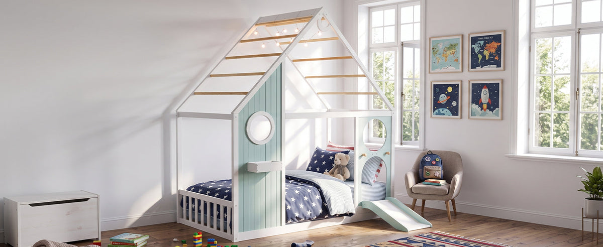 Twin House Bed with Slide white frame with pastel mint panels ball light strip on Tampa Home & Garden Store