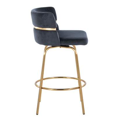 Glam Art Deco fixed counter stool set with swivel and footrest in dark velvet with gold base on Tampa Home & Garden Store