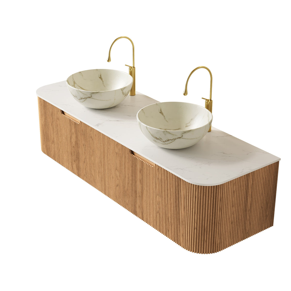Dina 60in bathroom vanity with marble vessel sinks, countertop, wood slat base and gold faucets on Tampa Home & Garden Store