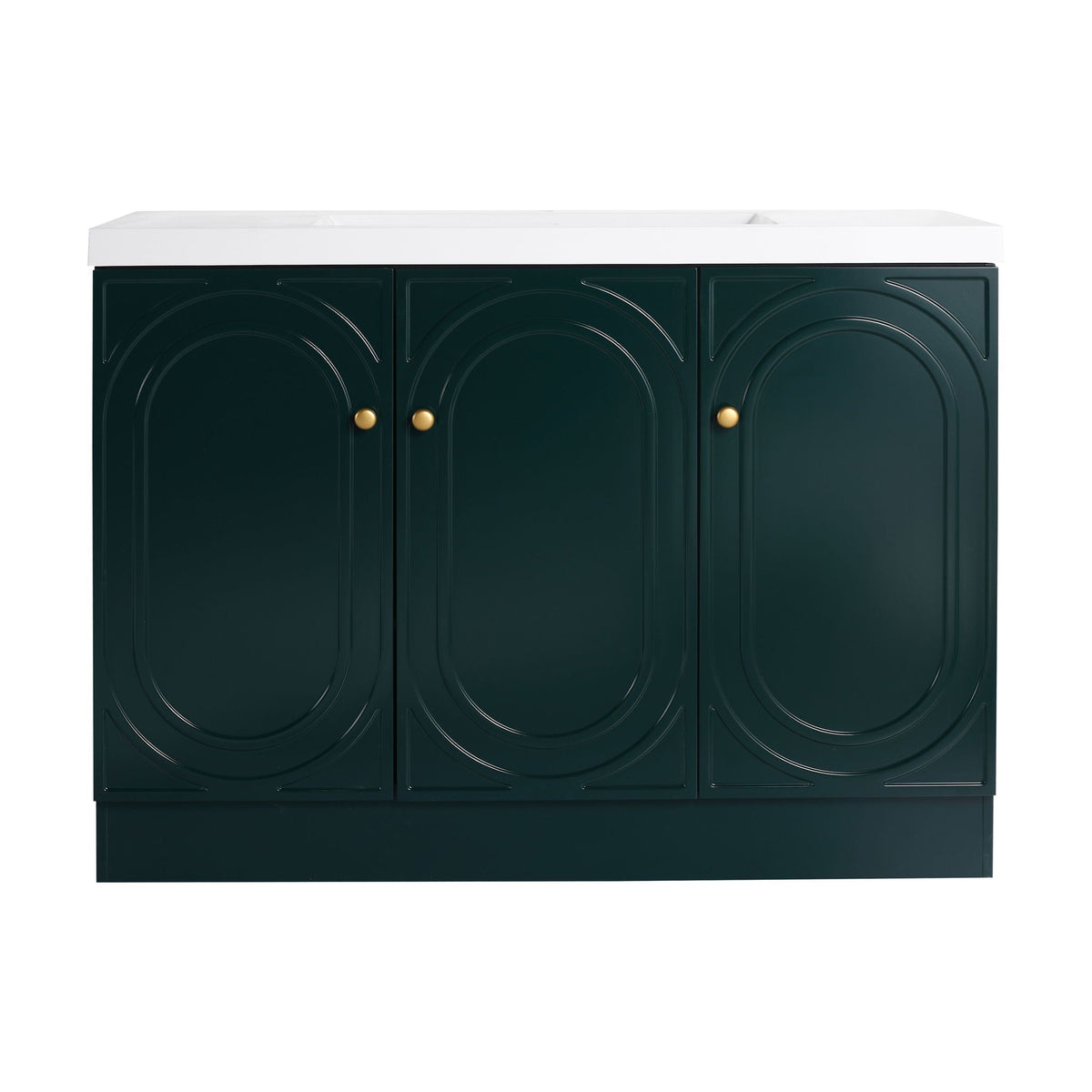 Freestanding vanity with white resin sink on a dark teal cabinet with three doors on Tampa Home & Garden Store