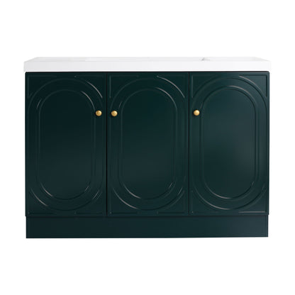Freestanding vanity with white resin sink on a dark teal cabinet with three doors on Tampa Home & Garden Store