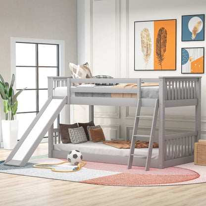 Gray bunk bed with slide and ladder by Unique Piece Furniture, kid-friendly two-level setup on Tampa Home & Garden Store