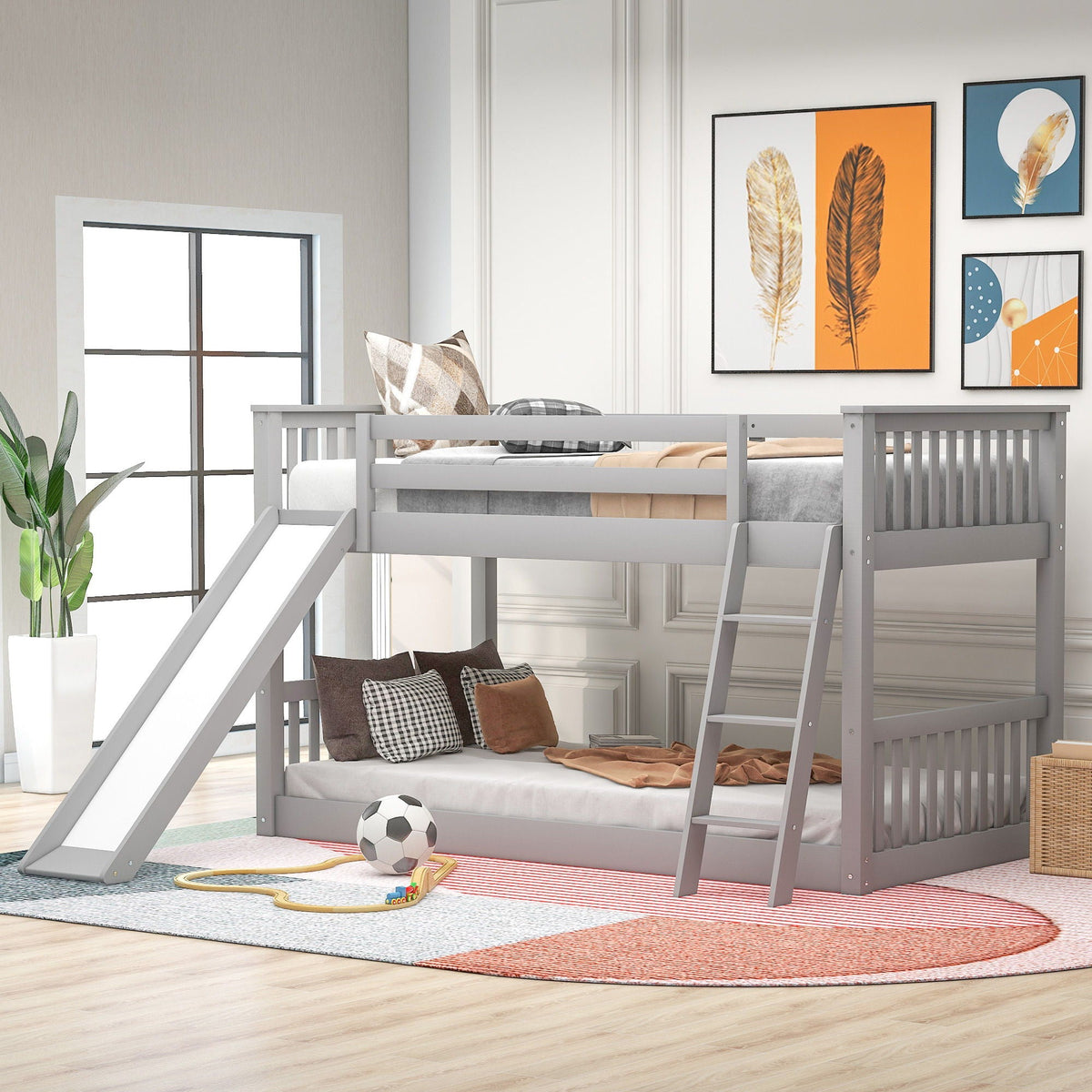 Bunk bed HouseOfZazla with convertible slide and ladder, grey finish, top and bottom bunks, kid room on Tampa Home & Garden Store