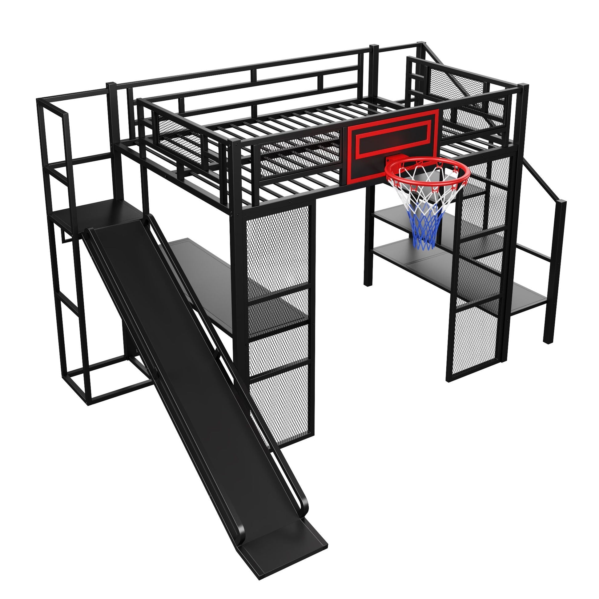 Loft bed with basketball hoop and slide, black metal frame by HouseOfZazla on Tampa Home & Garden Store