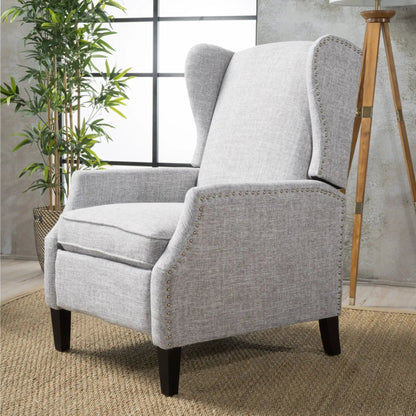 Westeros wingback fabric upholstered recliner in light gray with nailhead trim on Tampa Home & Garden Store