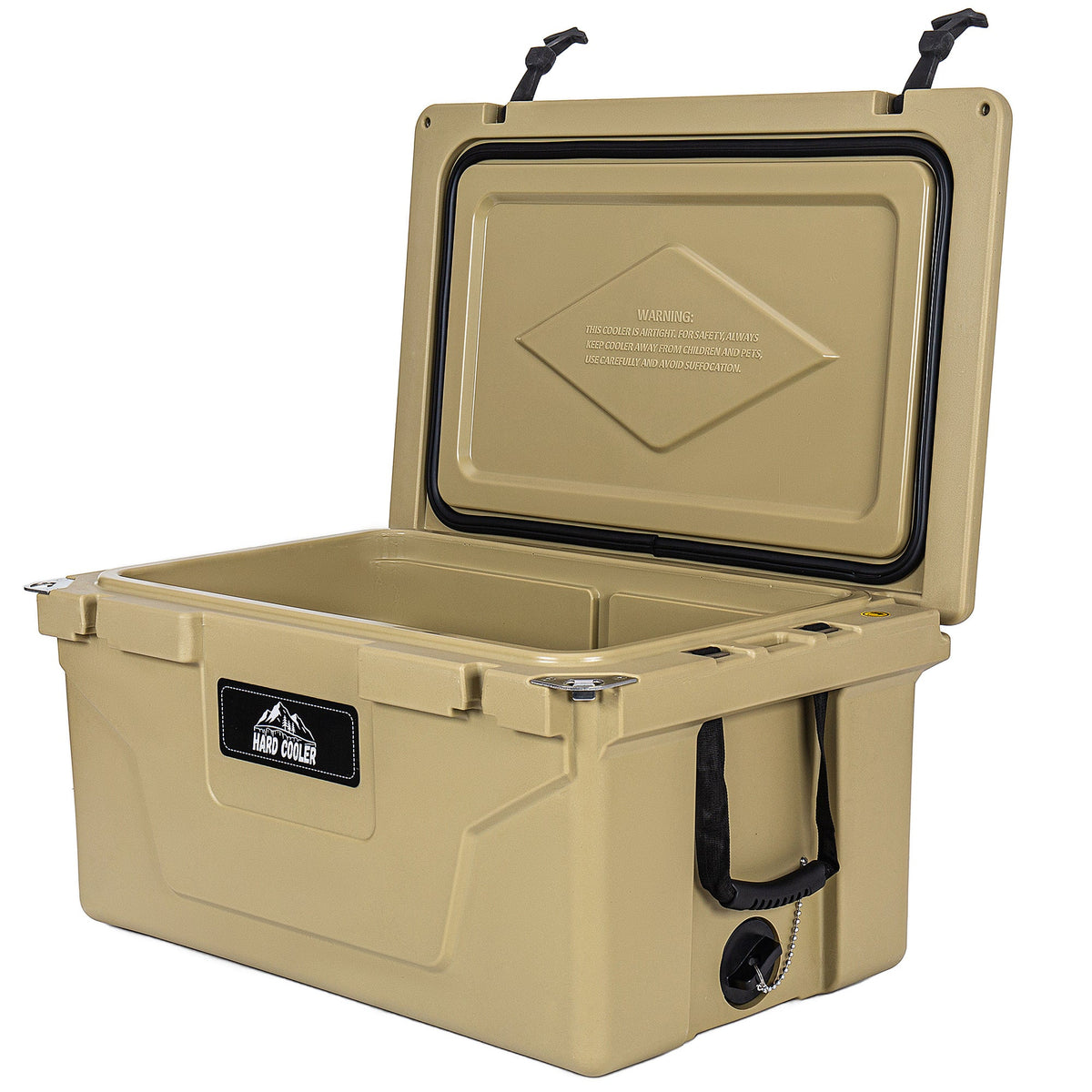 Khaki 65QT Ice Cooler Box with heavy-duty design and deck storage by HouseOfZazla, open lid on Tampa Home & Garden Store