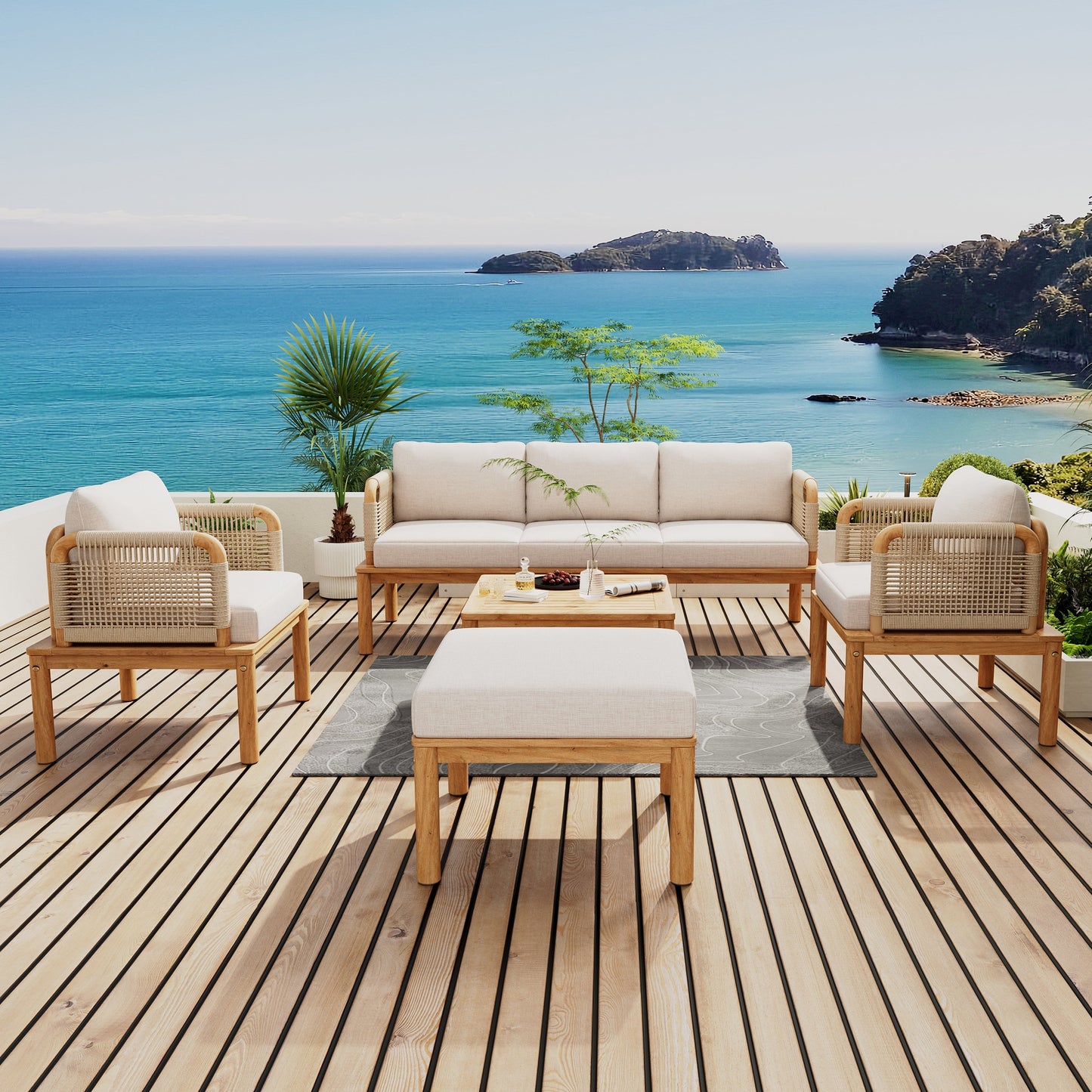 Outdoor 5-piece Acacia Wood and Rope Patio Sofa Set with beige cushions by HouseOfZazla on Tampa Home & Garden Store