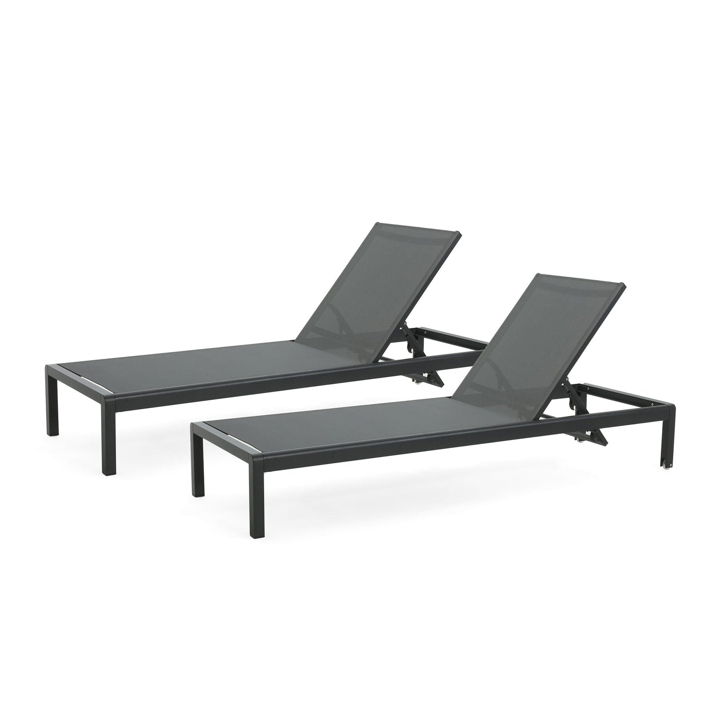 Outdoor patio chaise lounge pair in charcoal gray mesh with metal frames, 5-position recline on Tampa Home & Garden Store