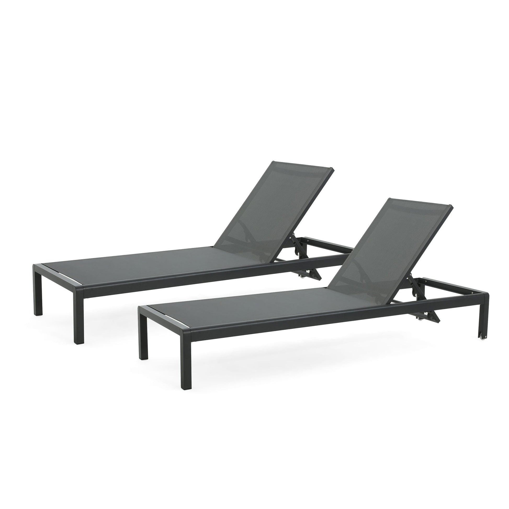 Outdoor patio chaise lounge pair in charcoal gray mesh with metal frames, 5-position recline on Tampa Home & Garden Store