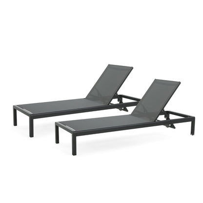 Outdoor patio chaise lounge pair in charcoal gray mesh with metal frames, 5-position recline on Tampa Home & Garden Store