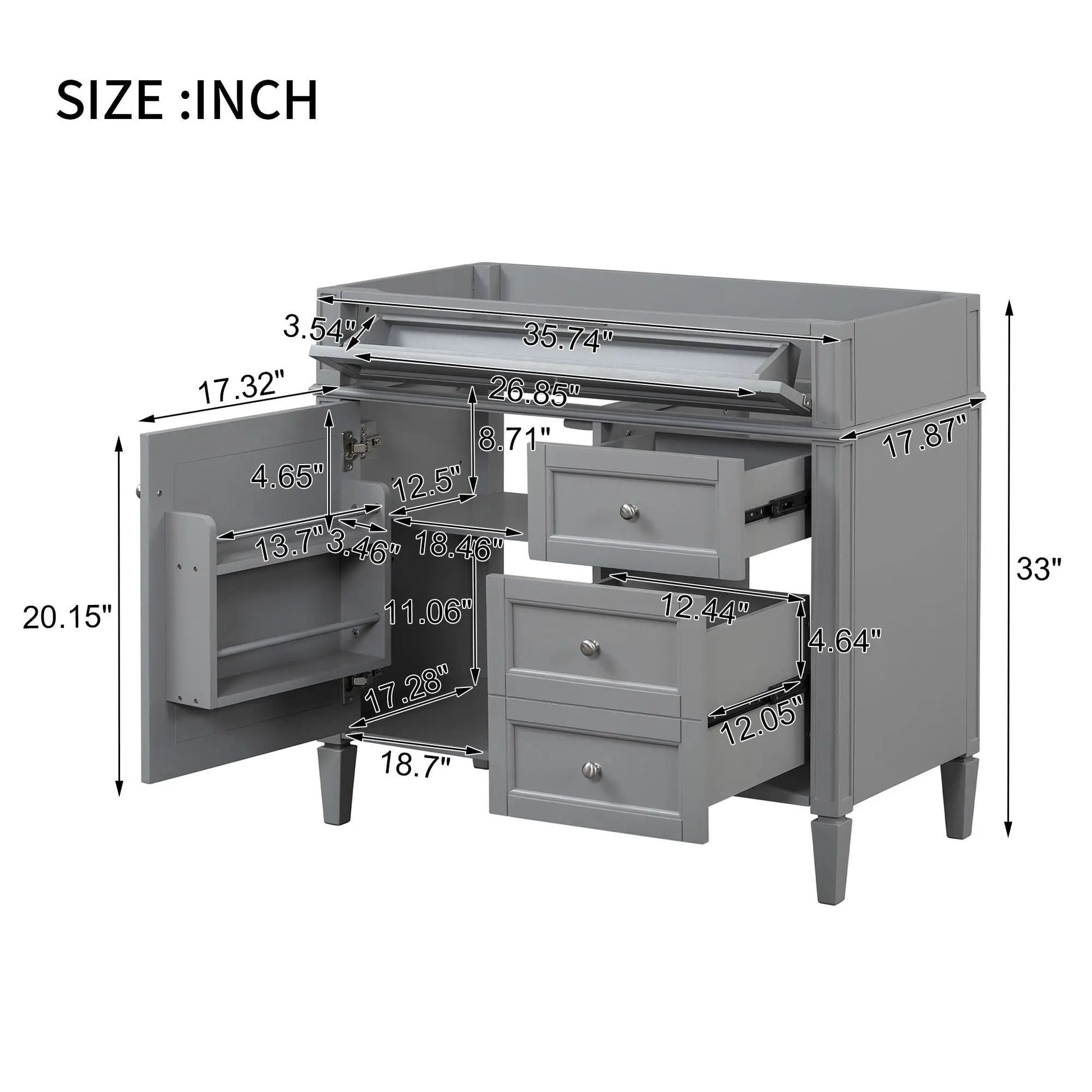 Bathroom vanity base with 2 drawers and tip-out drawer in gray storage cabinet on Tampa Home & Garden Store