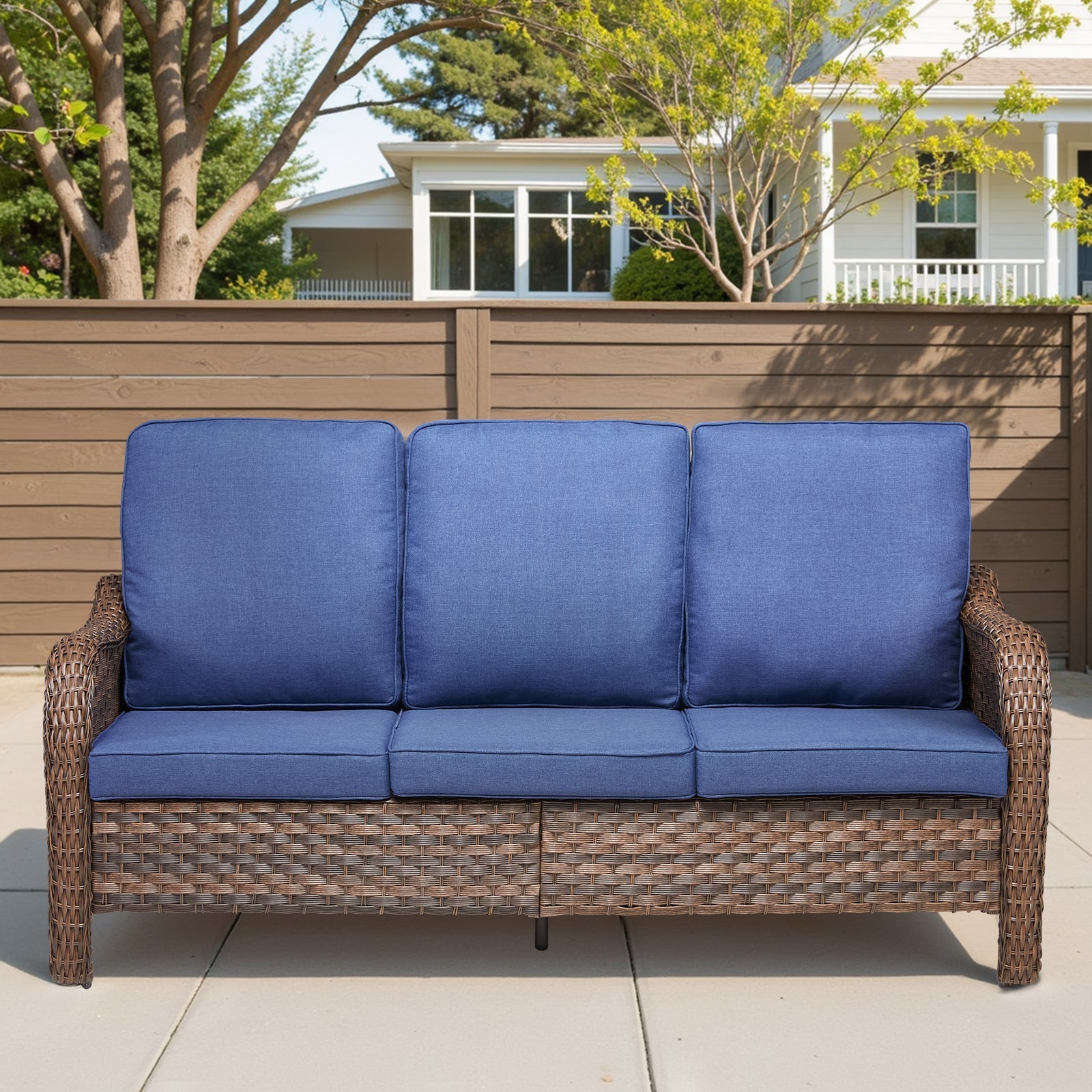 70.9 in PE wicker outdoor furniture set three-seat sofa with blue cushions and brown woven frame on Tampa Home & Garden Store