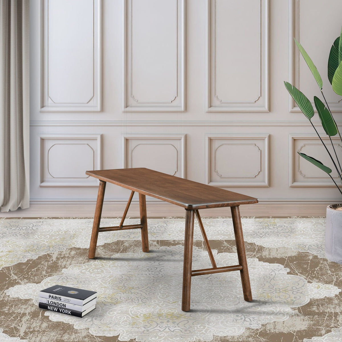 Walnut brown accent bench with solid wood construction in mid-century style on Tampa Home & Garden Store