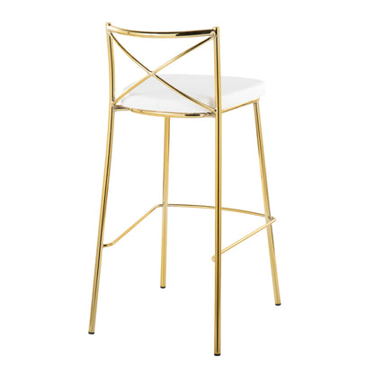 Contemporary fixed-height bar stools set of 2 with gold metal frame, white upholstered seats, X-back design on Tampa Home & Garden Store