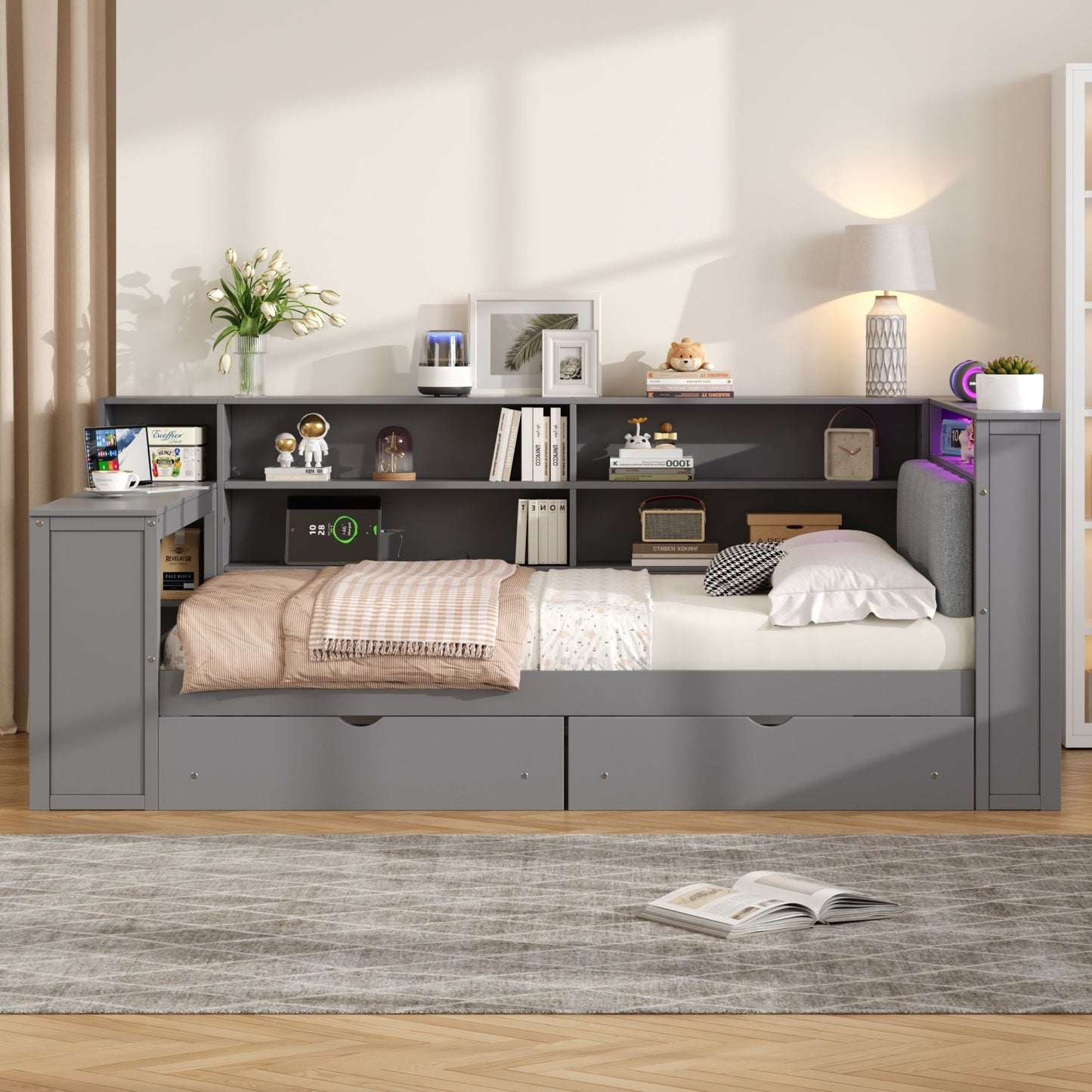 Platform bed with built-in desk, gray finish, storage shelves and drawers HouseOfZazla on Tampa Home & Garden Store