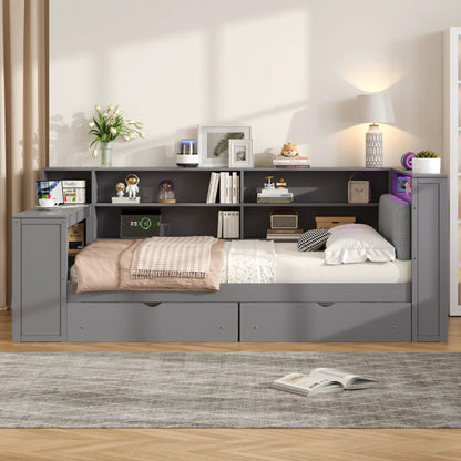 Platform Bed with Storage Shelves, Drawers, LED