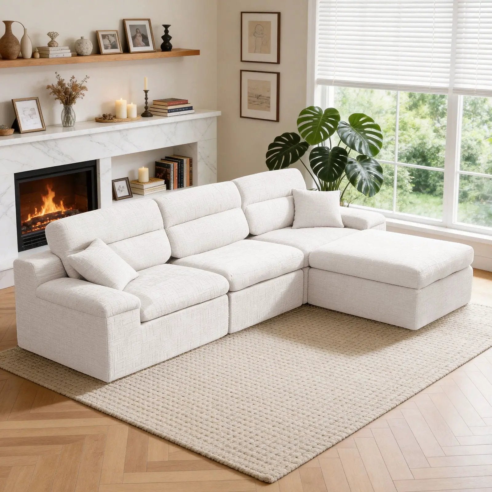 Corner Chaise Sofa With High Backrest in cream fabric, 2pc set by Unique Piece Furniture on Tampa Home & Garden Store