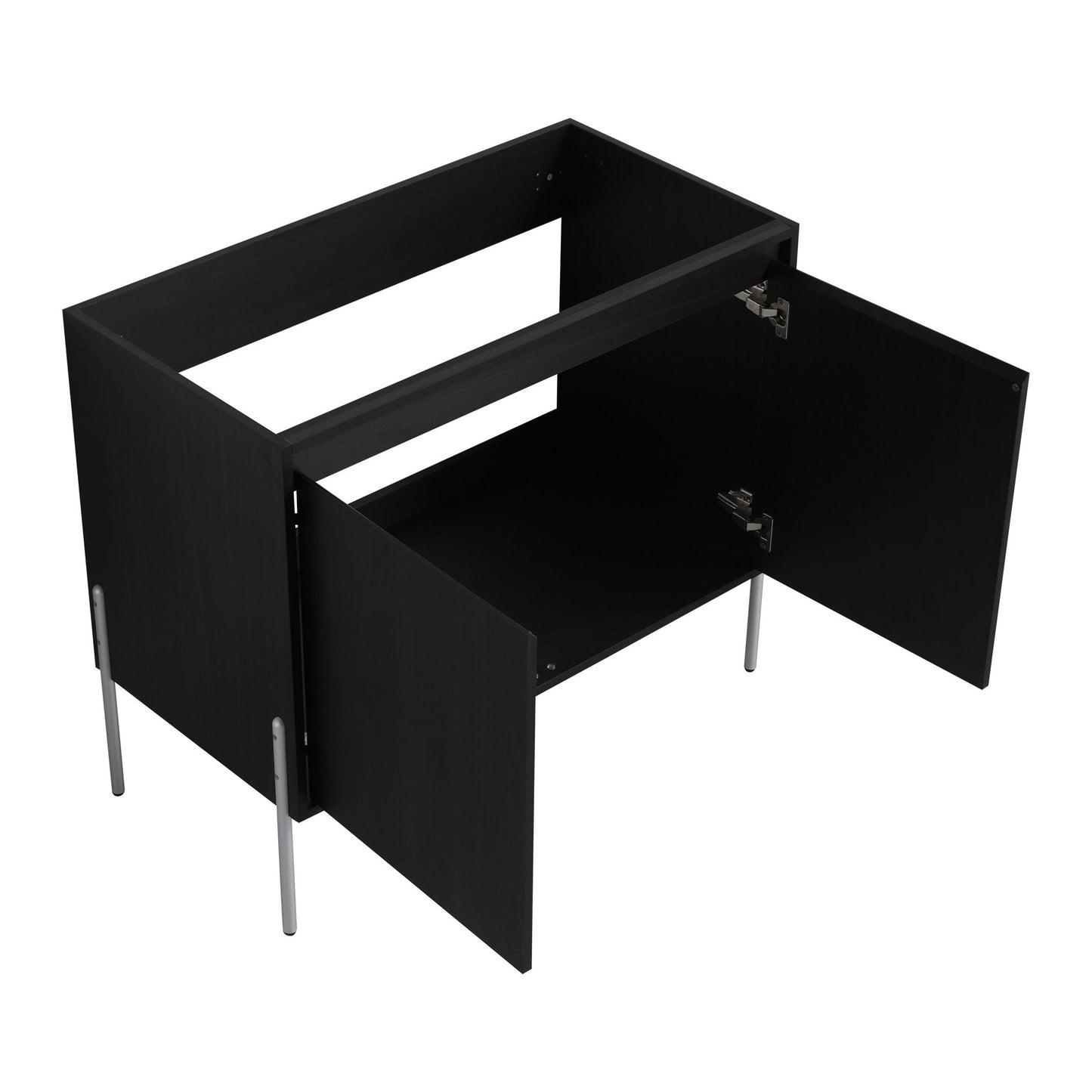 Freestanding bathroom vanity by HouseOfZazla black cabinet with open storage and metal legs on Tampa Home & Garden Store