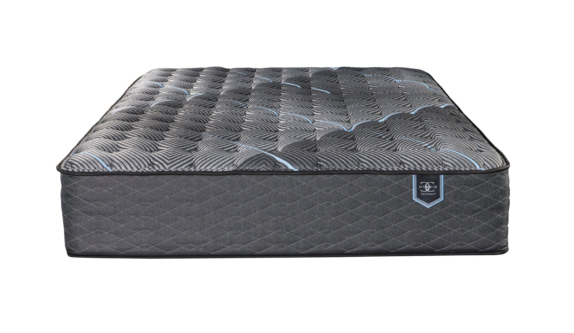 Twin Restonic ComfortCare Hybrid Firm Mattress with quilted gray cover and blue accents on Tampa Home & Garden Store