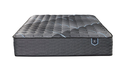 Twin Restonic ComfortCare Hybrid Firm Mattress with quilted gray cover and blue accents on Tampa Home & Garden Store