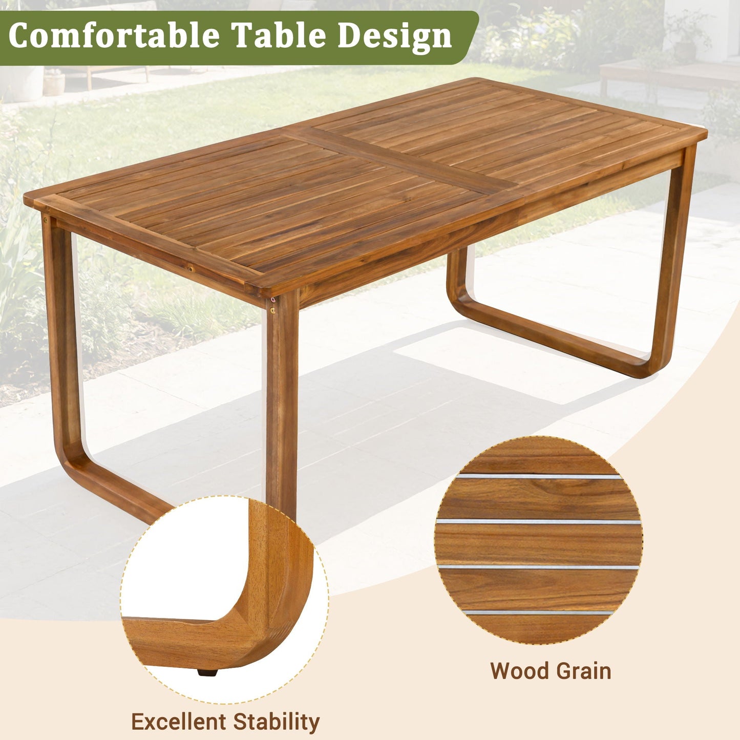 7 Piece Outdoor Patio Dining Set wooden table with slatted top and curved base on Tampa Home & Garden Store