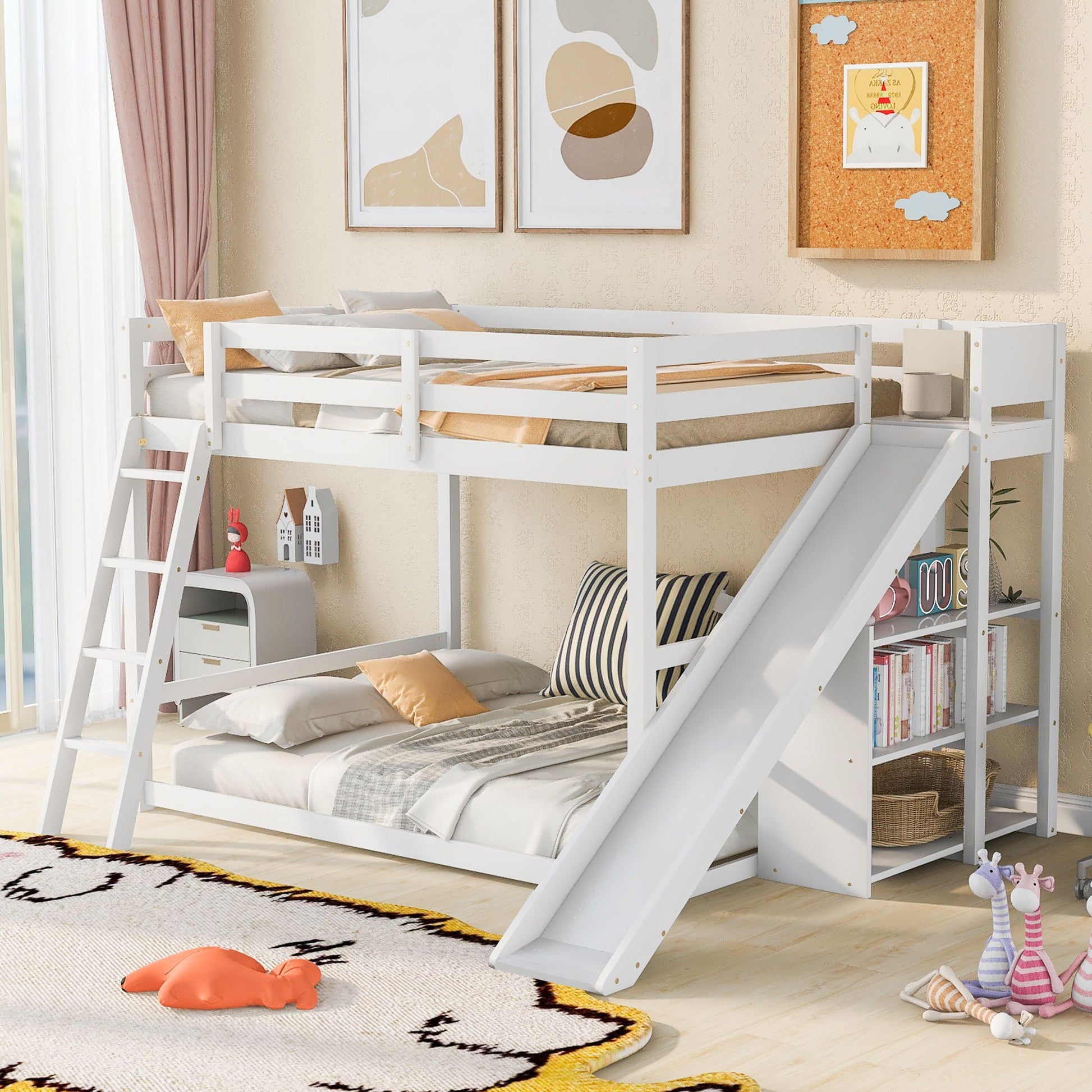 White-painted pine bunk bed with ladder, slide, and built-in shelves on Tampa Home & Garden Store