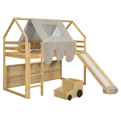 Loft Bed With House Shaped Frame And Tent in natural wood with gray fabric canopy on Tampa Home & Garden Store