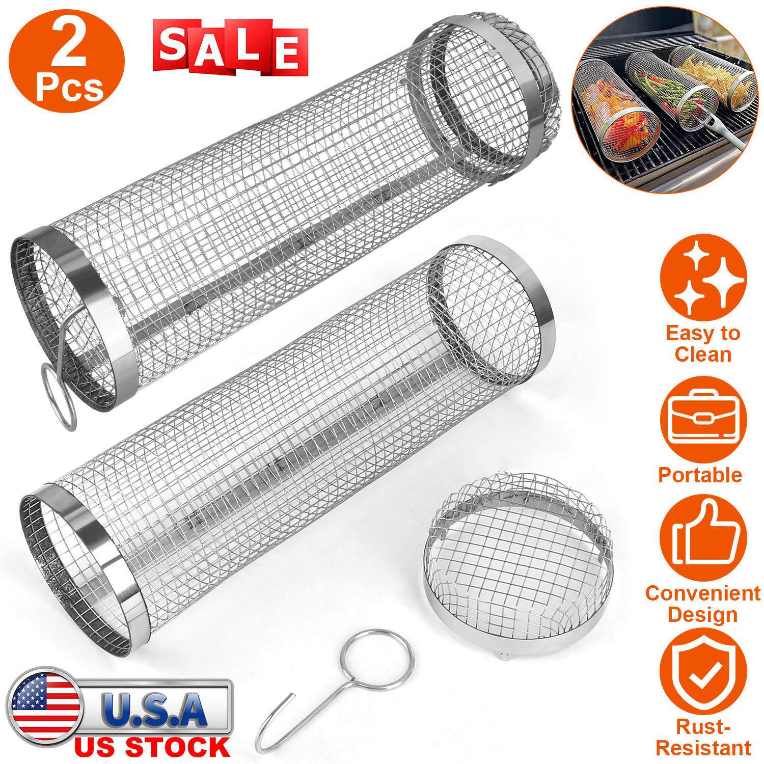 BBQ rolling baskets GemGear; stainless steel, round mesh grill tubes with removable covers on Tampa Home & Garden Store
