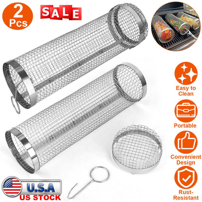 BBQ rolling baskets GemGear; stainless steel, round mesh grill tubes with removable covers on Tampa Home & Garden Store