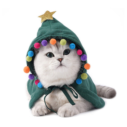 Pet Zen green hooded cat costume cloak with colorful pom pom trim and gold star on hood on Tampa Home & Garden Store