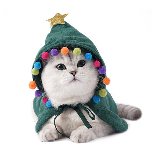 Pet Zen green hooded cat costume cloak with colorful pom pom trim and gold star on hood on Tampa Home & Garden Store