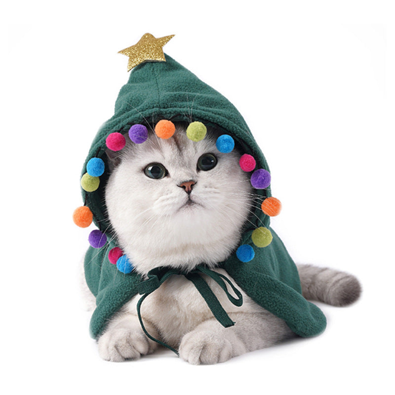 Pet Zen cat Christmas hooded cloak in green with colorful pom pom trim and golden star on Tampa Home & Garden Store