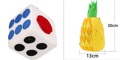 2-item dog puzzle toy set: white dice snuffle cube with blue holes, pineapple treat puzzle on Tampa Home & Garden Store