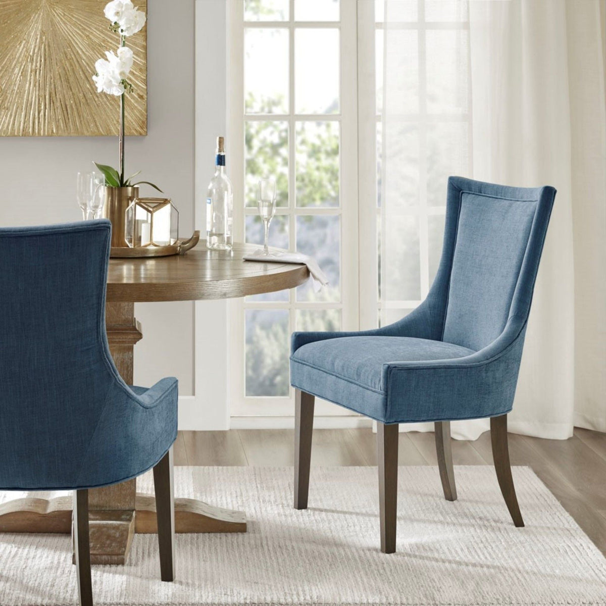 Elegant blue upholstered dining side chair set of 2 with solid wood legs on Tampa Home & Garden Store