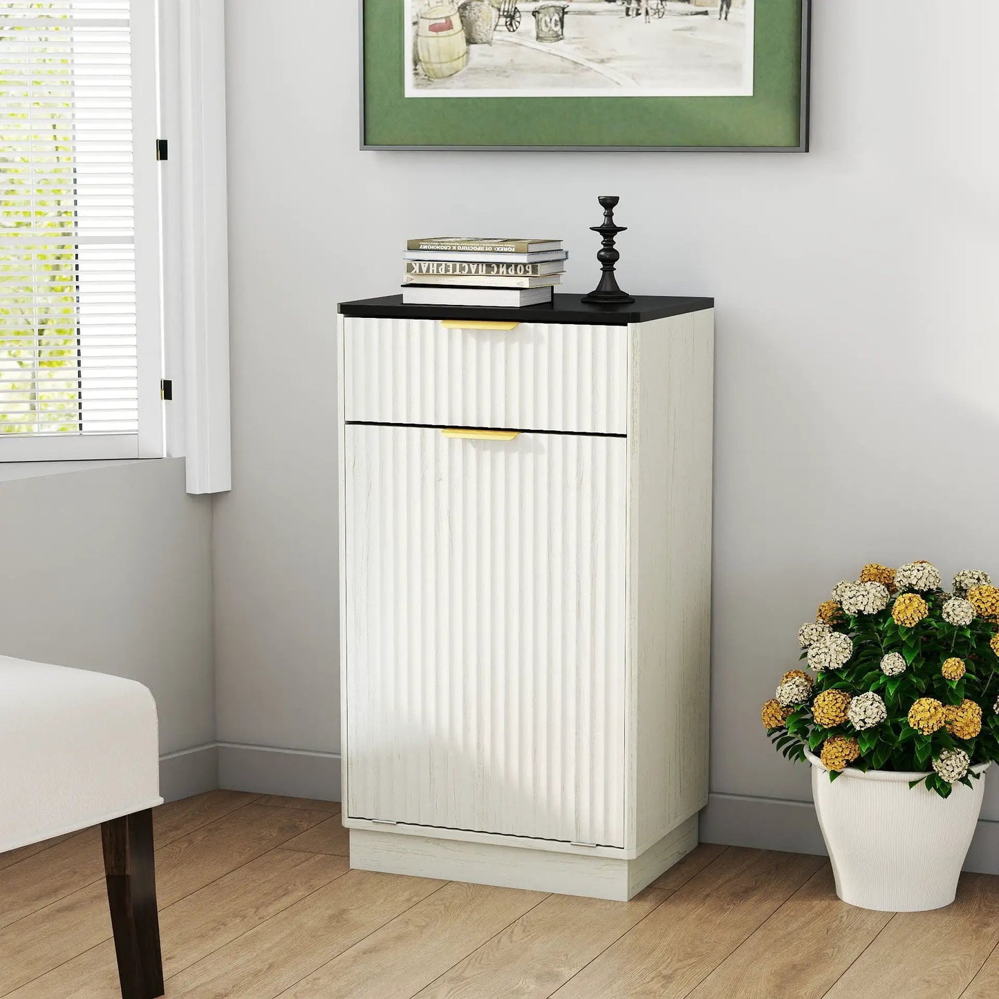 Tilt Out Trash Can Cabinet with wave textured drawer, white ribbed, black top, gold handles on Tampa Home & Garden Store