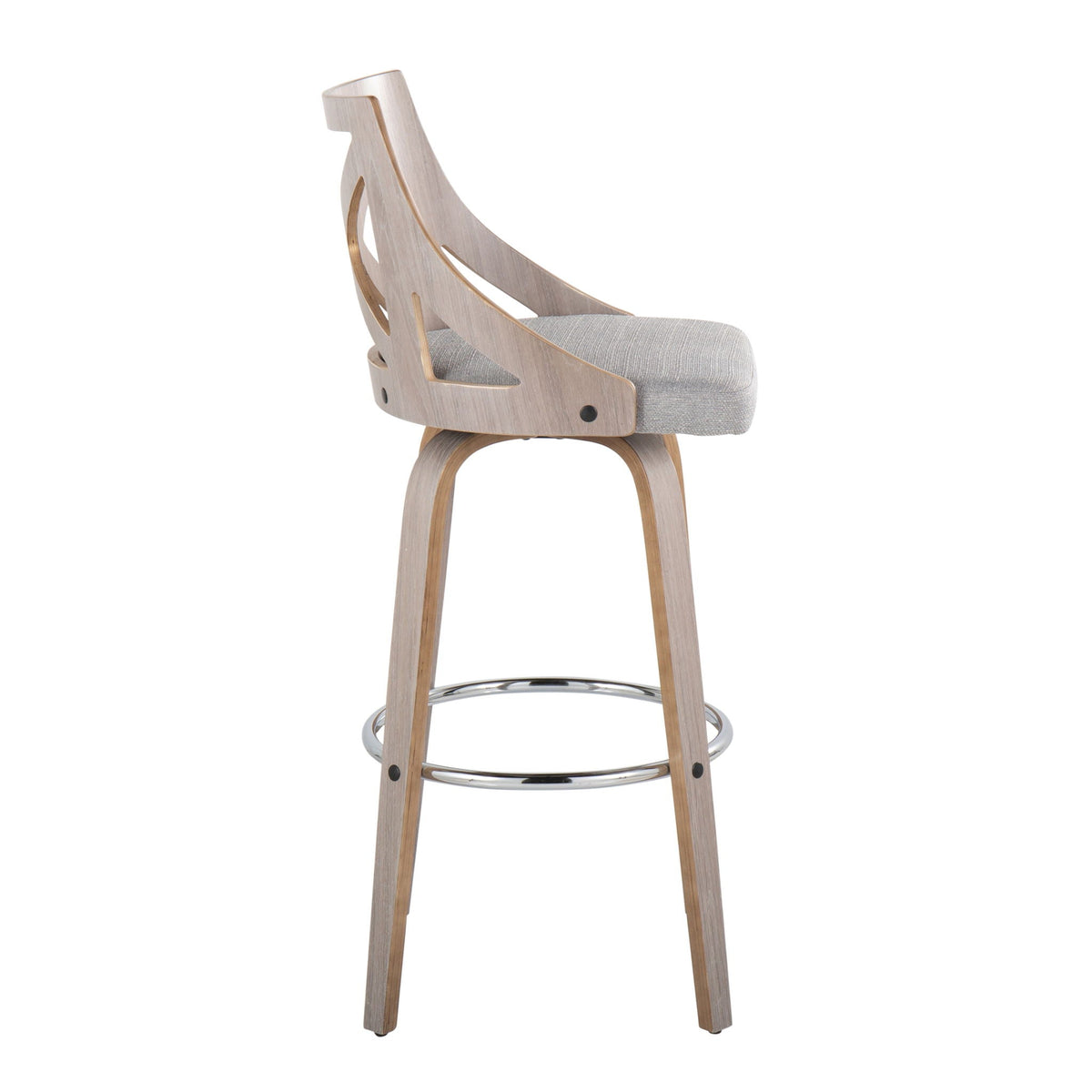 Farmhouse fixed-height bar stool with round chrome footrest and gray upholstered seat on Tampa Home & Garden Store